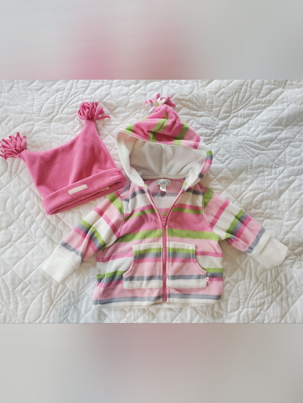The Children's Place Pink Striped Hooded Fleece Jacket And Hat 6-12 Months